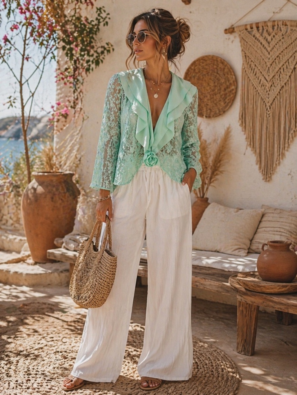 Vintage Sorbet Green Lace Overlay Jacket with Rose Accent